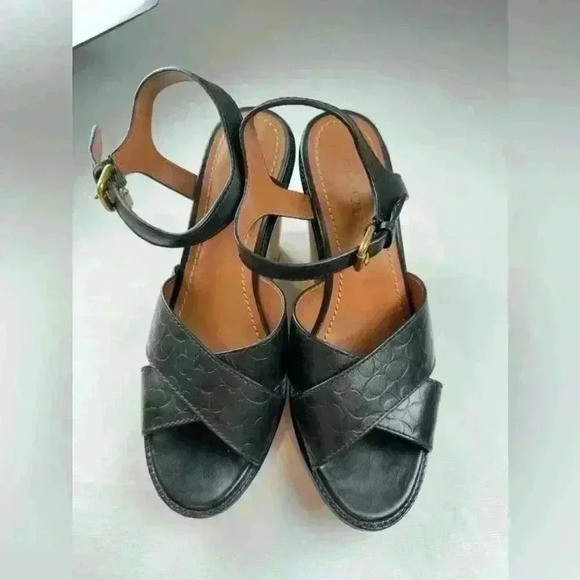 Coach Cross Band High Wedge Sandals with logo (Size 10) - Picture 3 of 11